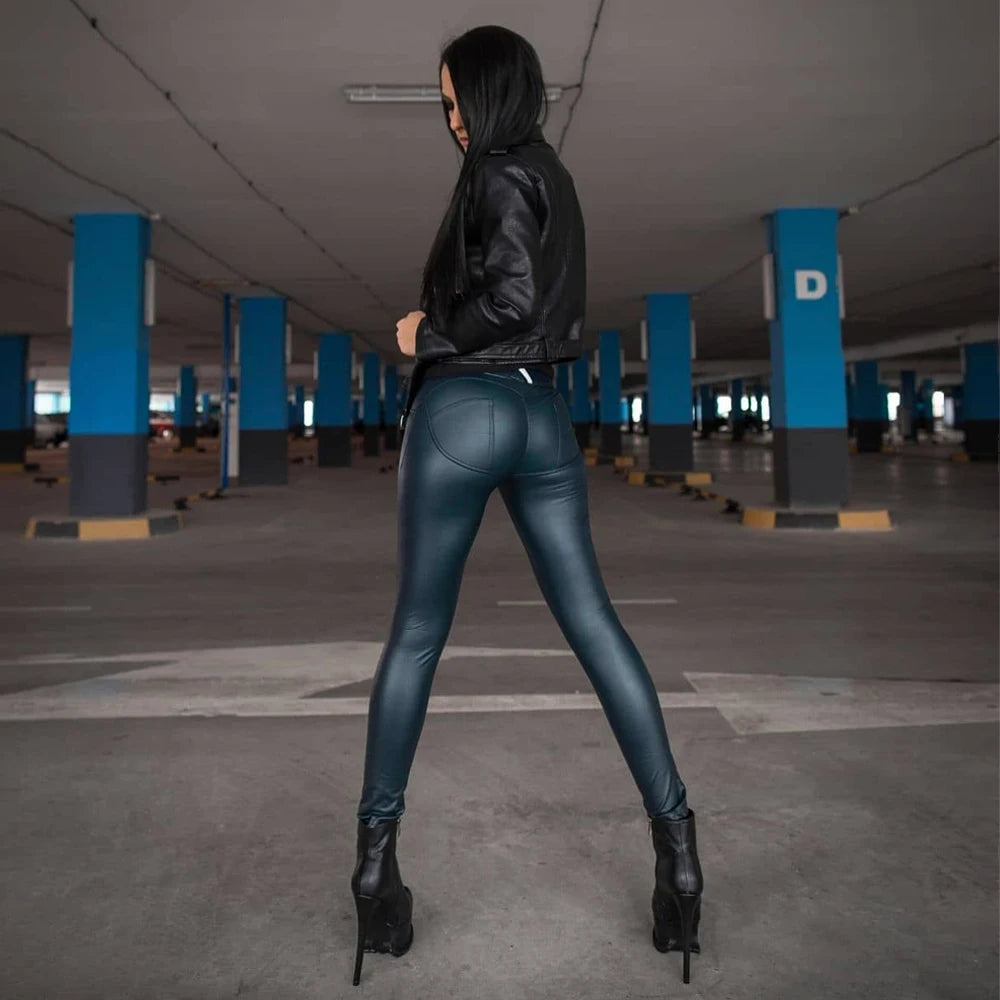 Women’s Blue Faux Leather Leggings – Stylish Wet-Look Pants
