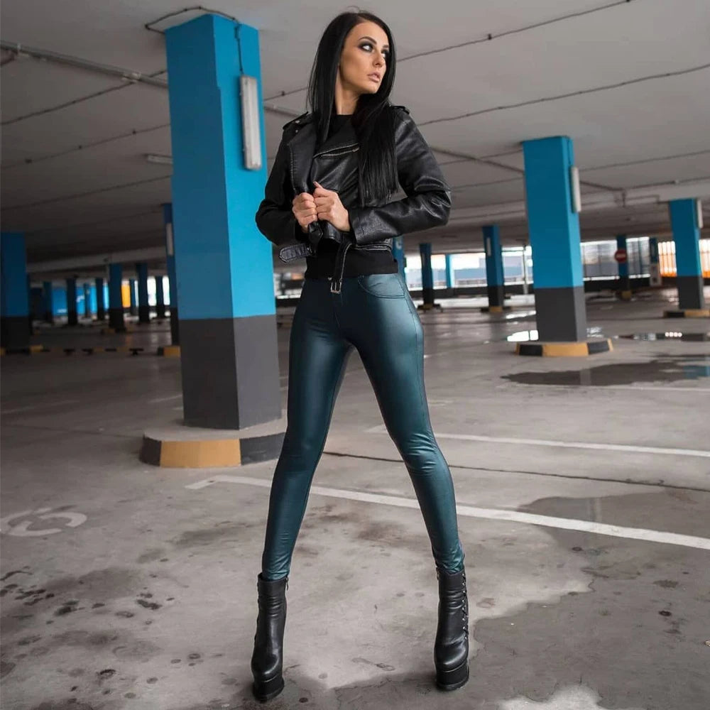 Women’s Blue Faux Leather Leggings – Stylish Wet-Look Pants