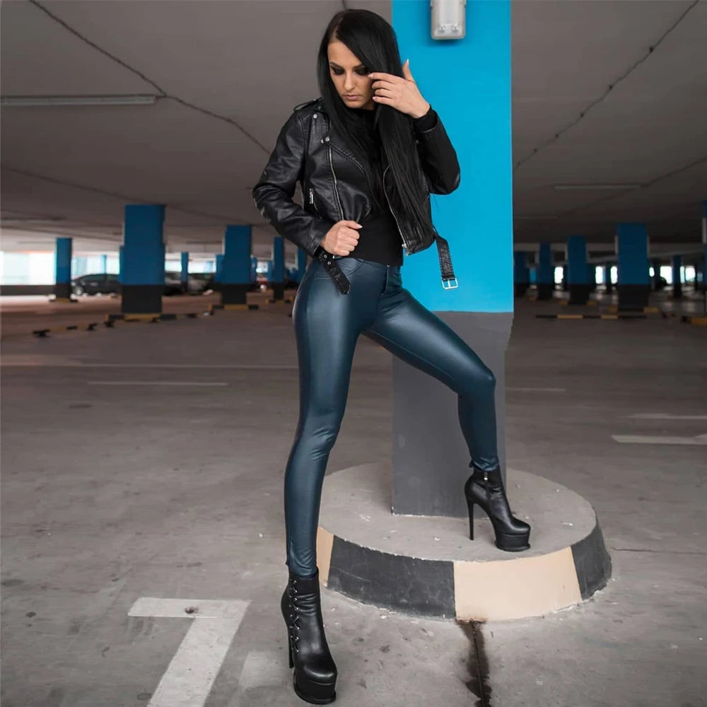 Women’s Blue Faux Leather Leggings – Stylish Wet-Look Pants